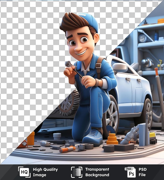 PSD d mechanic cartoon fixing a car image