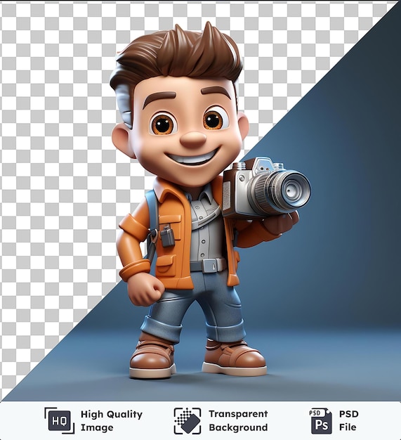 PSD d photographer cartoon capturing moments a close up of a brown haired person holding a silver camera with a blue wall in the background the persons features include a brown