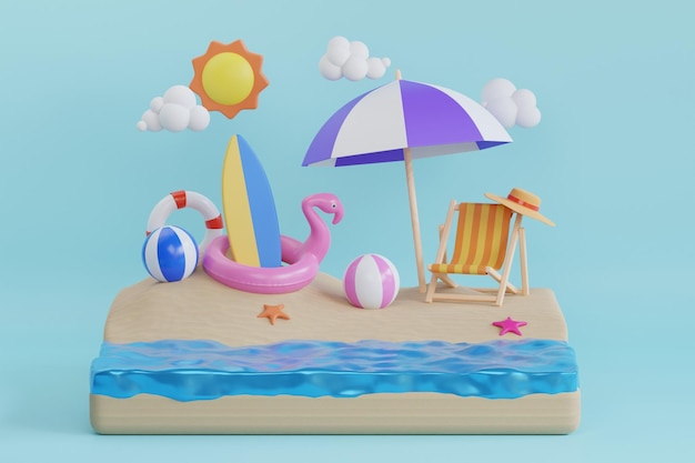 PSD 여름 휴가 개념의 d 렌더링입니다. 다채로운 해변 요소입니다. 여름 및 여행 휴가 개념