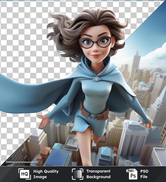 D superheroine cartoon soaring through the cityscape image