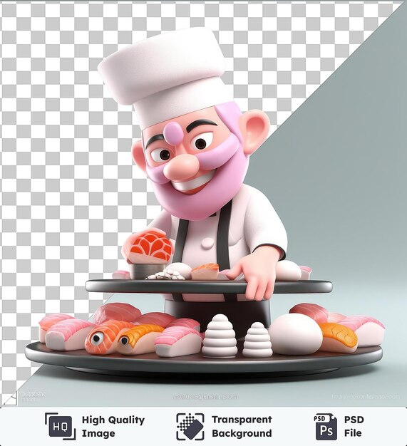 PSD disegno animato di un cuoco di sushi che prepara un piatto di sushi in 3d