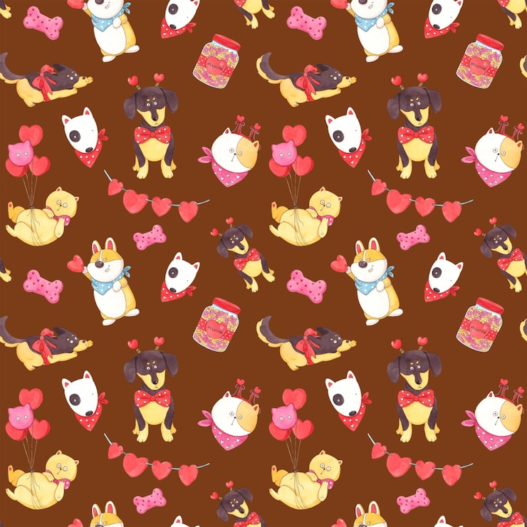 PSD dachshund yellow cat tied with balloons food jar dog bones handdrawn watercolor seamless pattern