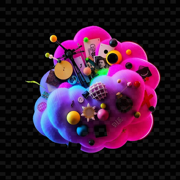 Dadaist Cloud Collaged With Found Objects Random Shapes and Nonsensical Patter_Isolated_Neon_Objectn