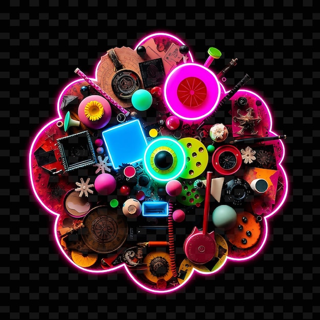 Dadaist Cloud Collaged With Found Objects Random Shapes and Nonsensical Patter_Isolated_Neon_Objectn