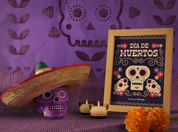 Dag van de dode traditionele Mexicaanse sombrero en bloemenschedelmodellen