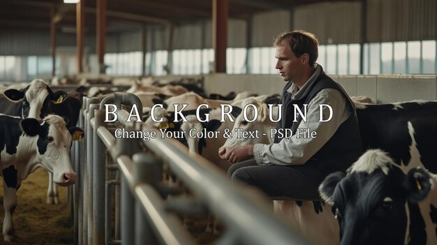 Dairy farm with touchpad touching one of cows while