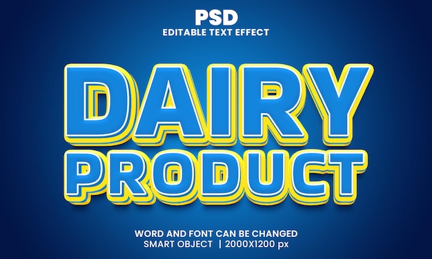 Молочный продукт 3d редактируемый текстовый эффект premium psd с фоном