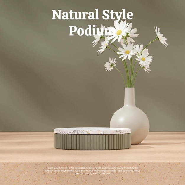 daisy flower and brown floor 3d render blank space of white marble and green podium in square