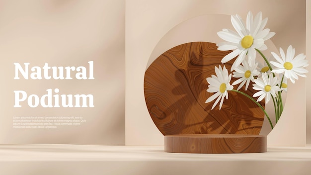 Daisy flower and light brown wall 3d image render empty scene wooden cylinder podium in landscape