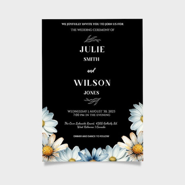 PSD daisy flowers black wedding invitation card template editable black wedding invite