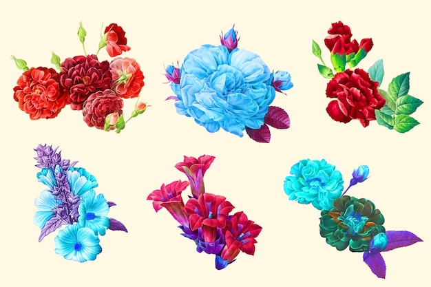 daisy róże kolorowe dalie ilustracja botaniczna wycinanka notatnik kolaż zasób
