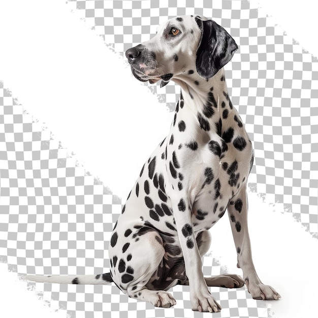 Un cane dalmata si siede su uno sfondo bianco con una macchia nera sulla testa