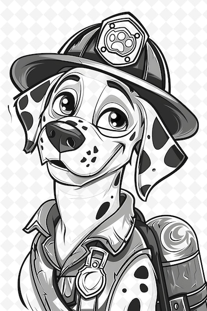 PSD dalmatian with a firefighter hat and coat looking brave and animals sketch art vector collections