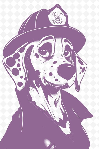 PSD dalmatiër met een brandweermanhoed en jas die er dapper uitziet en dieren sketch art vector collecties