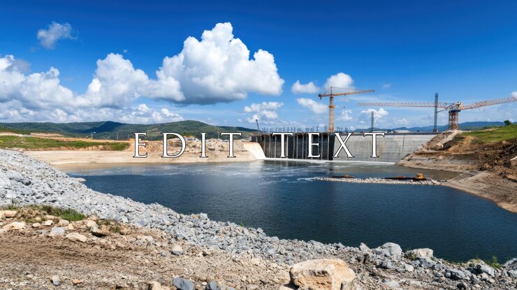 PSD dam construction site under blue sky with cranes and spillway