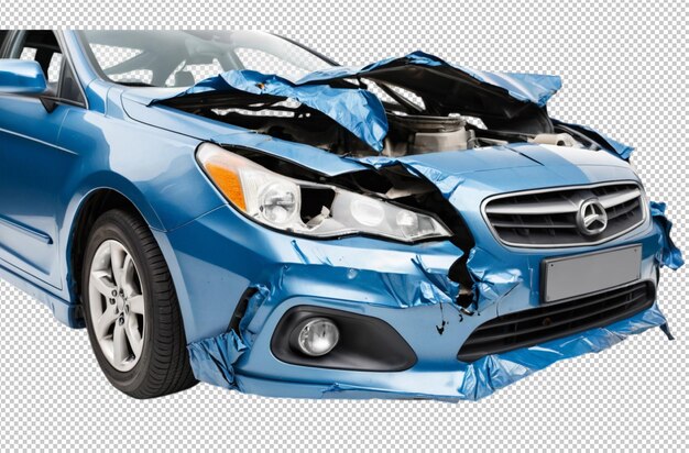 A damaged blue car by roadside