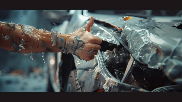 Damaged car with a hand giving thumbs up covered in gray substance