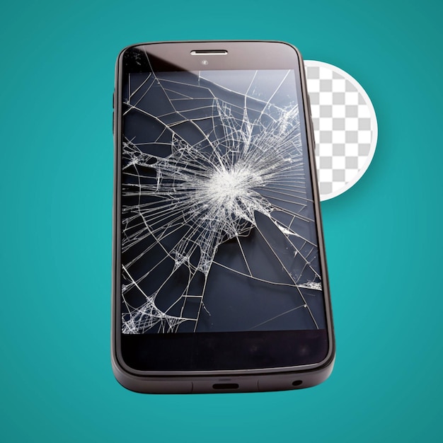 PSD damaged smartphone with broken glass display isolated on transparent background