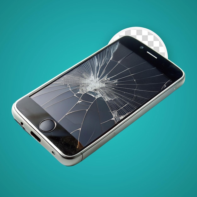 Damaged smartphone with broken glass display isolated on transparent background