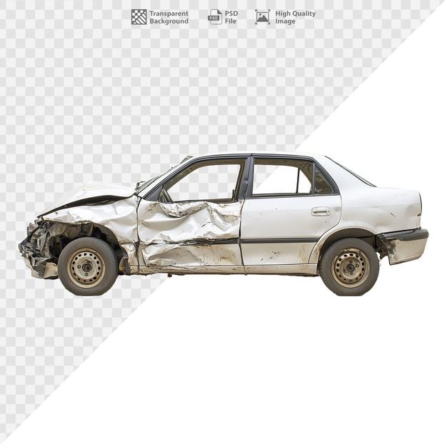 damaged white sedan car with visible dents and scratches on transparent background