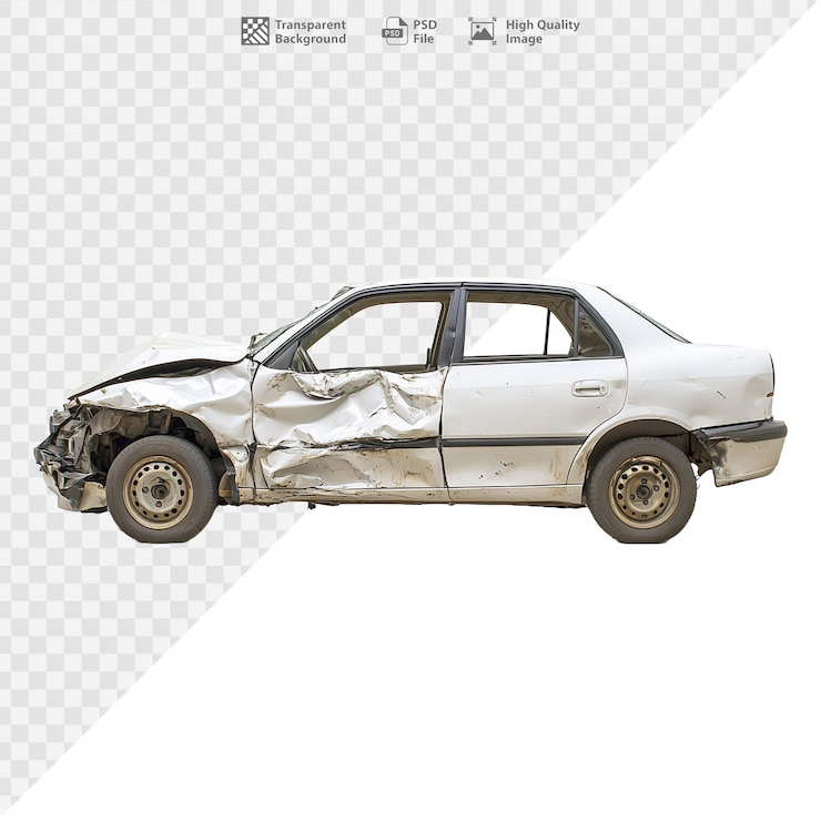 PSD damaged white sedan car with visible dents and scratches on transparent background