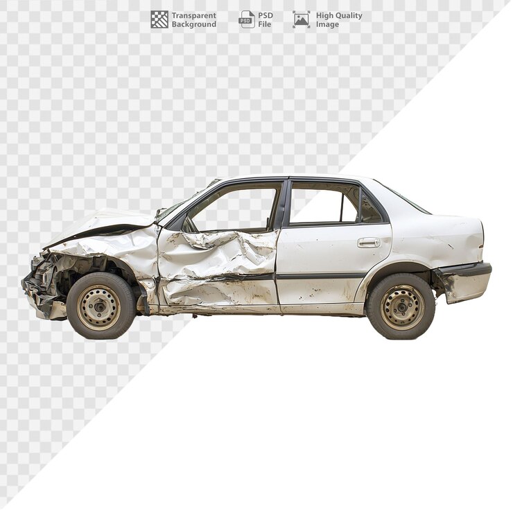 PSD damaged white sedan car with visible dents and scratches on transparent background