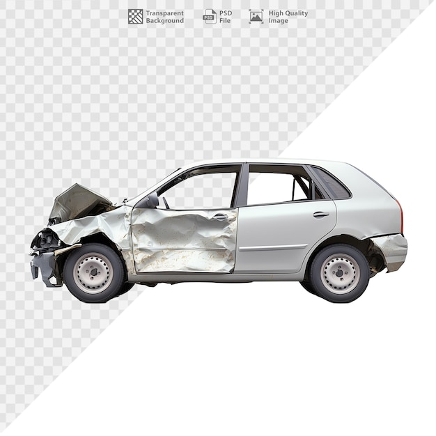damaged white sedan car with visible dents and scratches on transparent background