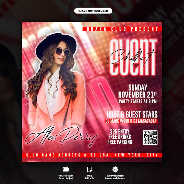 Dames dj club chill party flyer en social media instagram banner sjabloon