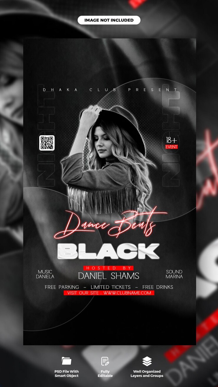 PSD dancer beats black night party social media story post template