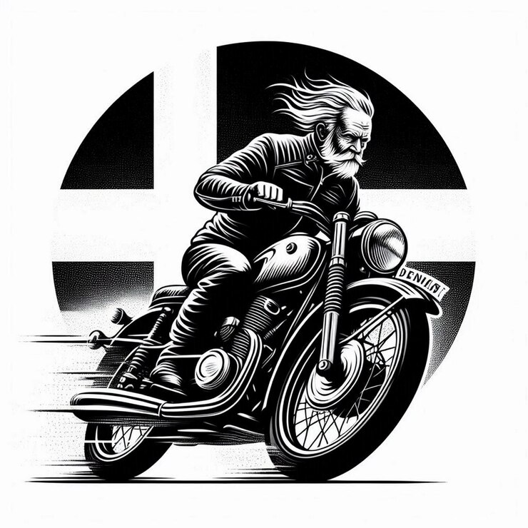 PSD dania okrągła flaga sztuka szczotkowa flaga i sztuka sztuka stary jeździec na przednim motocyklu