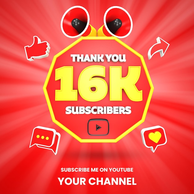 Dank u 16k youtube abonnees viering 3d render geïsoleerd