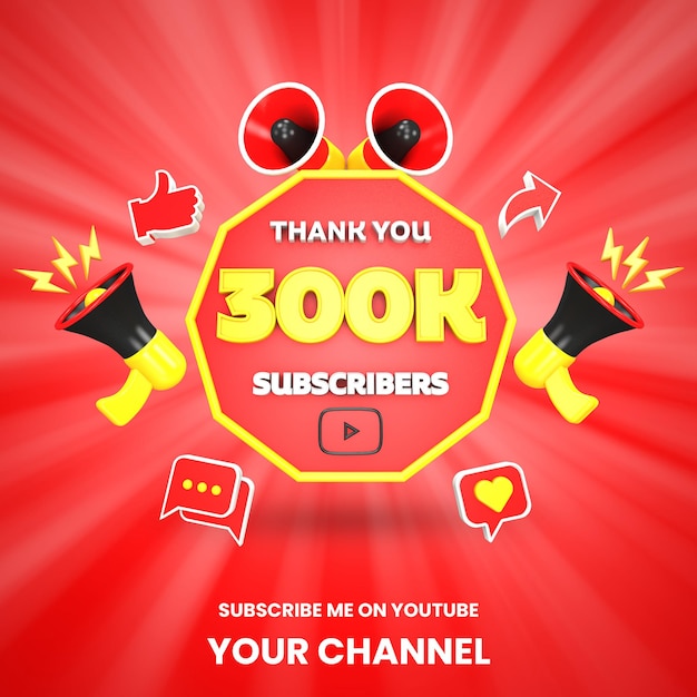 Dank u 300k youtube abonnees viering 3d render geïsoleerd