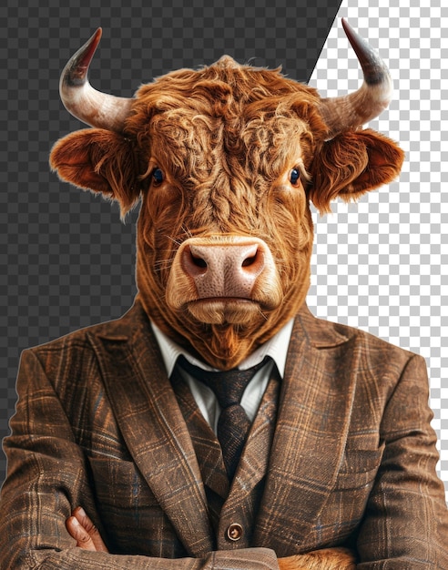 PSD dapper bull in checkered suit and tie on transparent background stock png