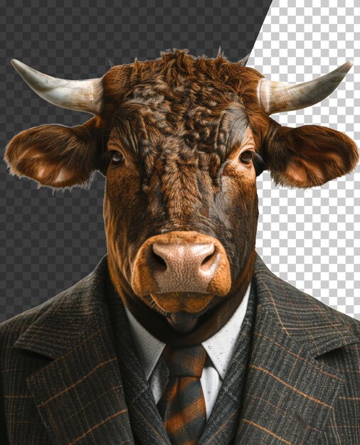 PSD dapper bull in abito a scacchi e cravatta su sfondo trasparente png