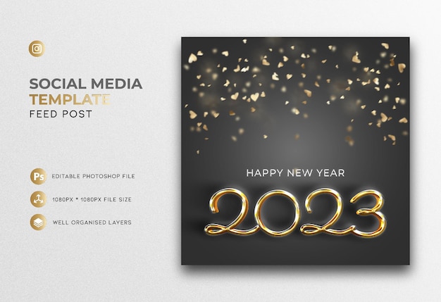 Dark 2023 gold 3d render with confetti happy new year social media post