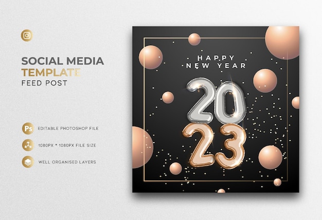 PSD scuro 2023 palloncini lucidi rendering 3d con cerchi in oro rosa felice anno nuovo post sui social media