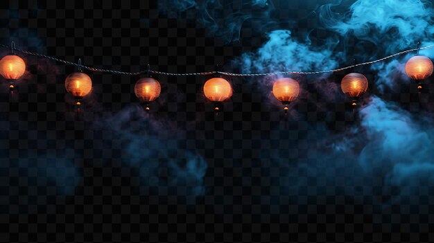 A dark background with glowing lanterns and smoke