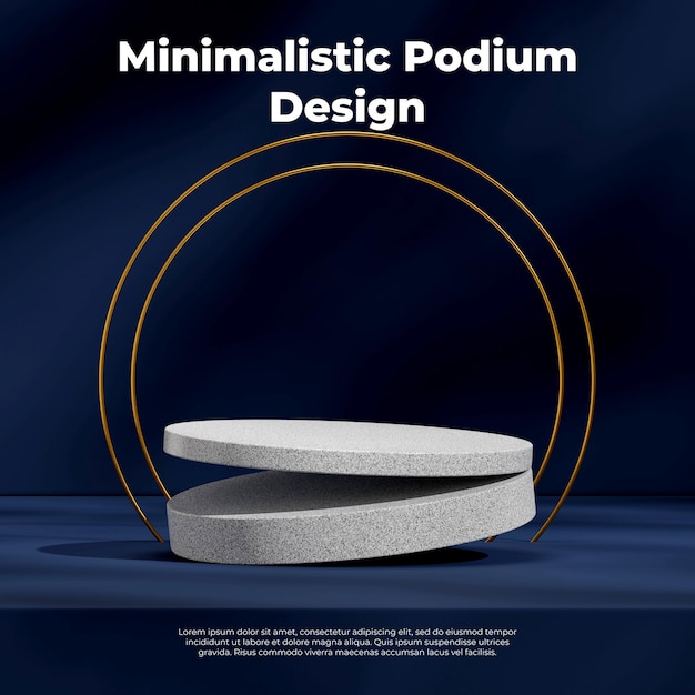 Dark blue 3d rendering image mockup template granite texture podium in square with gold circle