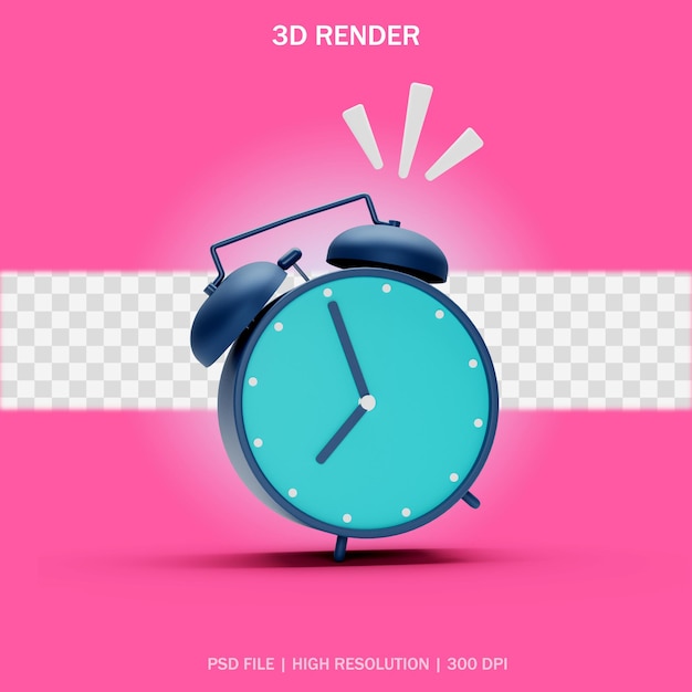 PSD 투명한 배경의 3d 디자인에서 울리는 포즈가 있는 진한 파란색 알람 시계 전면 보기