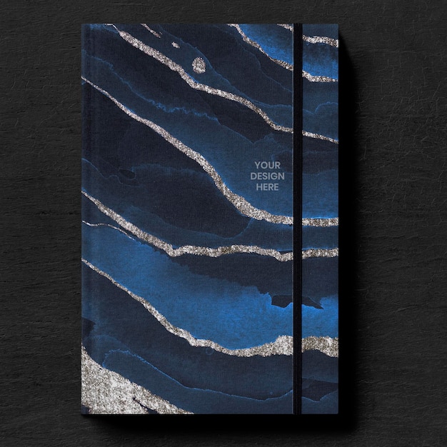 PSD dark blue book cover mockup on a black table