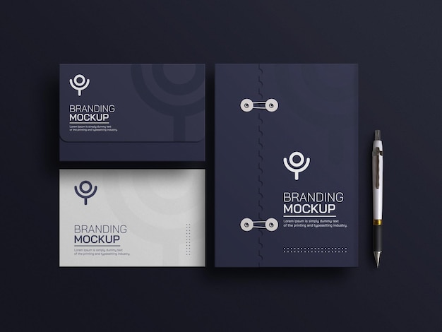 Documento blu scuro con mockup di cancelleria busta