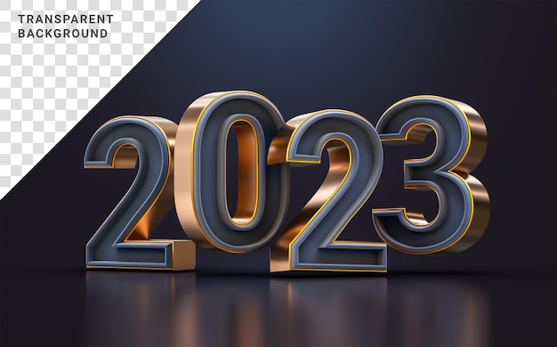 Dark blue and gold metallic 2023 happy new year text on dark background 3d render concept