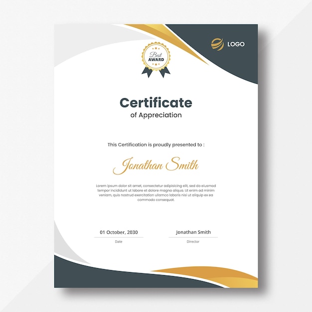 Dark Blue Grey and Gold Waves Certificate of Appreciation Design Template