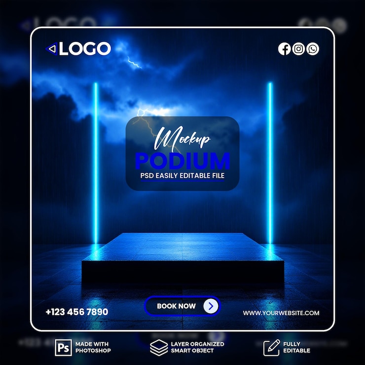 Dark Blue Neon Podium Mockup