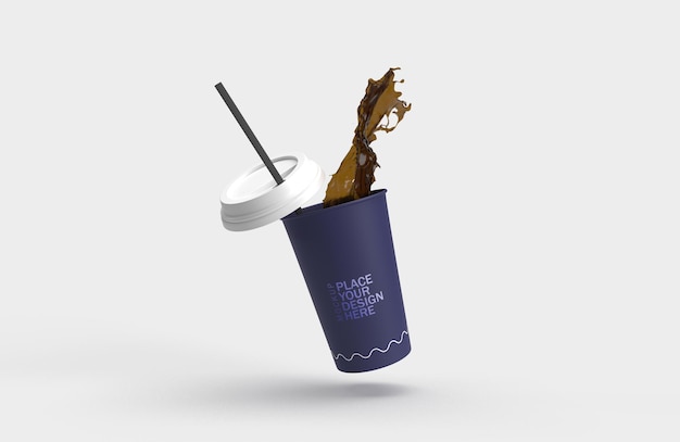 PSD dark blue paper coffee cup splash 3d rendering isolated