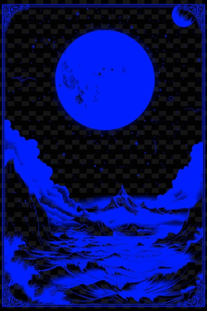 A dark blue poster with a full moon in the sky