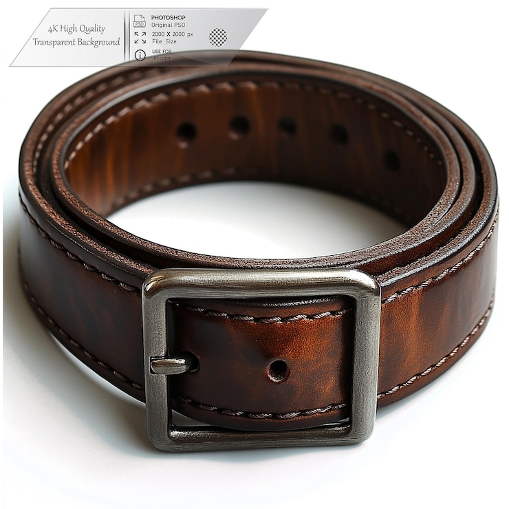 PSD dark brown leather belt with a goldtone buckle and adjustable fit on a transparent background