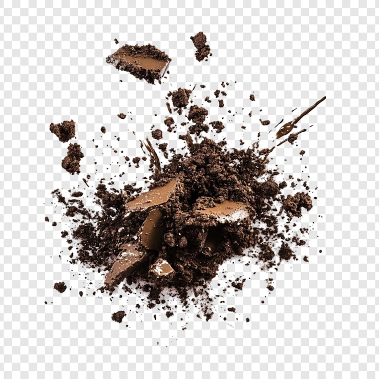 PSD dark brown soil explosion isolated on white background earthy texture ground dirt splash pieces crumbles scattered elements