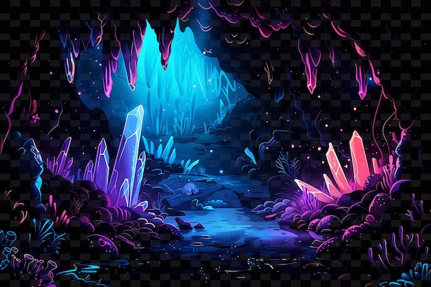 A dark cave with a blue and purple cave in the middle