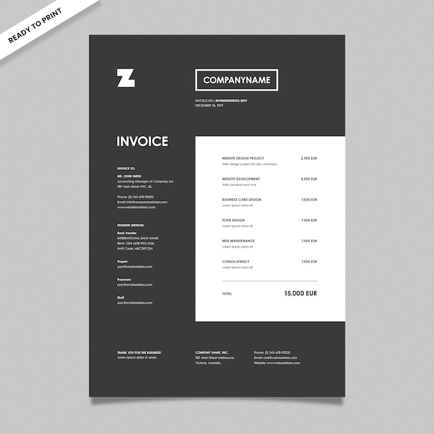 PSD dark clean minimalist professional invoice template